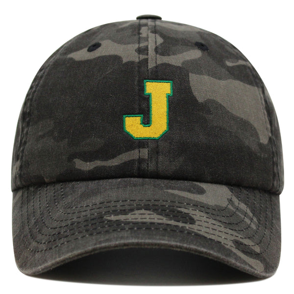 Initial J College Letter Premium Dad Hat Embroidered Cotton Baseball Cap Yellow Alphabet