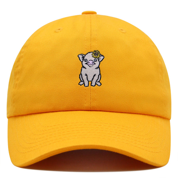 Pig with Flower Hair Pin Premium Dad Hat Embroidered Cotton Baseball Cap Cute