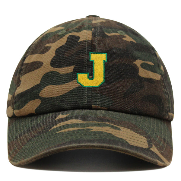 Initial J College Letter Premium Dad Hat Embroidered Cotton Baseball Cap Yellow Alphabet