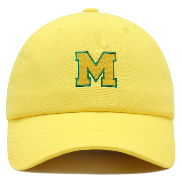 Initial M College Letter Premium Dad Hat Embroidered Cotton Baseball Cap Yellow Alphabet