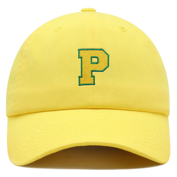 Initial P College Letter Premium Dad Hat Embroidered Cotton Baseball Cap Yellow Alphabet